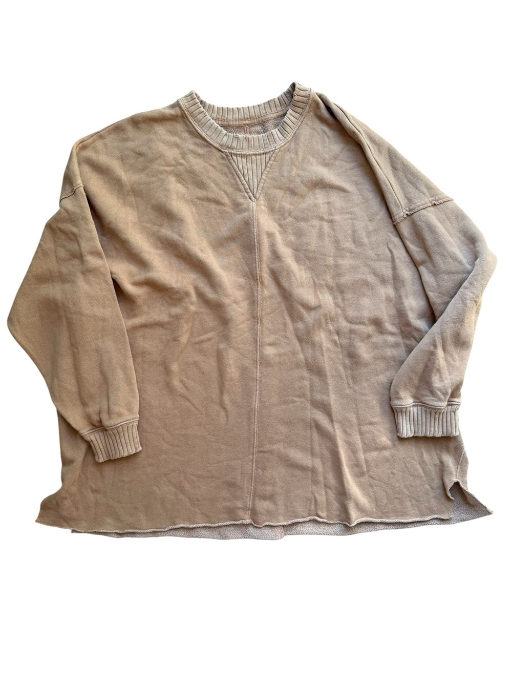 Aerie Oversized Sweater Womens L Camel Crew Neck Soft Cozy Knit Pullover Comfy